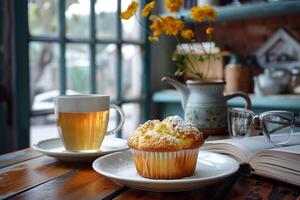 ai generiert Tee brechen mit ein frisch gebacken Muffin und ein Tasse von heiß Tee. generativ ai foto