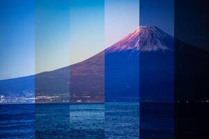 ein geschnitten Fotografie von Sonnenuntergang Berg Fuji in der Nähe von Suruga Küste im Shizuoka foto