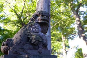 ein Statue von Wächter Hund beim japanisch Schrein foto