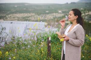 glücklich jung Frau Sammeln Öko freundlich medizinisch Kräuter. Alternative Medizin, Naturheilkunde, Kräuter- Medizin foto