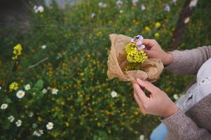 abgeschnitten Aussicht von ein Frau Kräuterkenner Apotheker Botaniker Sammeln und vorbereiten ein medizinisch Pflanze zum Heilung Kräuter- Tee foto