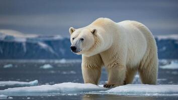 ai generiert majestätisch Polar- Weiß Bär Stehen auf ein gefroren Arktis Landschaft foto