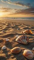 ai generiert Strand Landschaft Anzeigen mehrere Muscheln verstreut auf das Sand foto