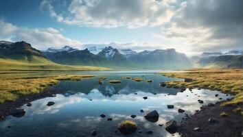 ai generiert fotorealistisch filmisch Landschaft von Berge gespiegelt im ein Kristall See foto