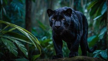 ai generiert elegant und agil schwarz Panther starren aufmerksam im tropisch Regenwald foto