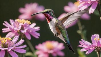 ai generiert Kolibri Vogel fliegend Nächster zu ein schön Rosa Blumen foto