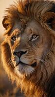 ai generiert schließen oben Aussicht von ein majestätisch männlich Löwe gebadet im das warm glühen von ein Rahmen Sonne im das riesig afrikanisch Savanne foto