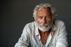 ai generiert Porträt von Senior Mann auf ein solide grau Hintergrund foto