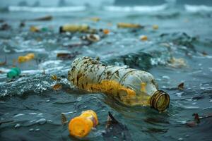 ai generiert Umwelt Verschmutzung Konzept, Plastik Flasche und andere Müll im das Meer foto