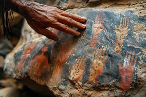 ai generiert Höhle malen, das Hand von ein einheimisch Person berührt ein uralt Stein mit viele Palmen abgebildet auf es foto