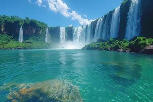 ai generiert Panorama- Aussicht von das Lagune mit Blau Wasser unter ein enorm Wasserfall foto