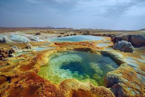 ai generiert geothermisch Wasser Auslauf mit hell Mineral Einlagen im Wüste vulkanisch Bereich foto