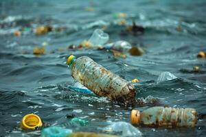 ai generiert Verschmutzung von das Umgebung Konzept, Plastik Müll im das Meer foto
