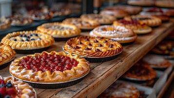 ai generiert anders Obst Kuchen auf ein Bäckerei Zähler foto