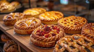 ai generiert anders Obst Kuchen auf ein Bäckerei Zähler foto