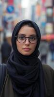 ai generiert schön jung Muslim Frau tragen Brille und Hijab foto