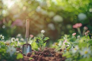 ai generiert Hintergrund von Garten Arbeit mit Garten Schaufel im das Boden unter Garten Gras und Weiß und Rosa Blumen mit Bäume auf verschwommen Hintergrund foto