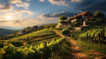 ai generiert szenisch Landschaft von ein Weingut mit Häuser und Traube Gardens unter das Hügel unter ein wolkig Sonnenaufgang Himmel foto