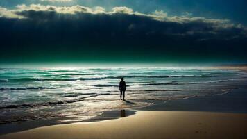 ai generiert ein Person Stehen auf das Strand suchen beim das Ozean foto