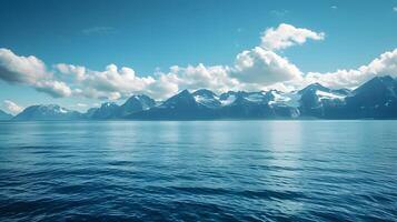 ai generiert heiter Arktis Landschaft mit schneebedeckt Berge und Ruhe Meer foto