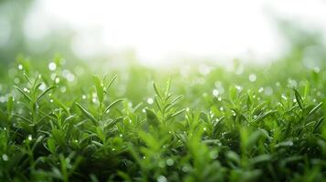 ai generiert frisch Morgen Tau auf üppig Grün Gras mit Sanft Sonnenlicht Hintergrund foto