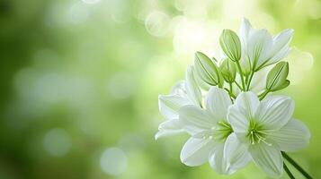 ai generiert Weiß Starburst Lilien mit Sanft Bokeh Grün Hintergrund foto