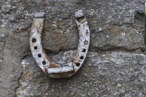 schließen oben von ein alt grau verrostet Hufeisen hängend auf das Stein Mauer. Antiquität Rost Pferd Schuh auf das Beton Textur mit Risse und Zement Flecken. Symbol von gut Glück und Vermögen. selektiv Fokus foto