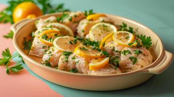 ai generiert ein schön vereinbart worden Gericht von gefilte Fisch mit Zitrone Scheiben und Petersilie, isoliert auf ein Gradient Hintergrund foto