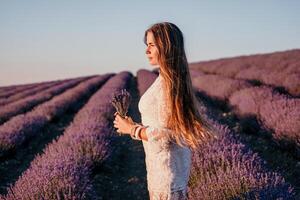 Frau Lavendel Feld. glücklich sorglos Frau im ein Weiß Kleid Gehen im ein Lavendel Feld und riechen ein Lavendel Strauß auf Sonnenuntergang. Ideal zum warm und inspirierend Konzepte im Fernweh und Reise. foto