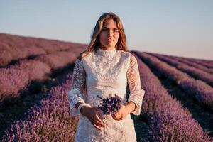 Frau Lavendel Feld. glücklich sorglos Frau im ein Weiß Kleid Gehen im ein Lavendel Feld und riechen ein Lavendel Strauß auf Sonnenuntergang. Ideal zum warm und inspirierend Konzepte im Fernweh und Reise. foto