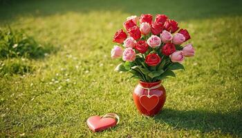 ai generiert rot und Rosa Rosen im herzförmig Vase, grasig Feld, romantisch Geste, Valentinstag Tag Liebe Symbol, draussen Einstellung, natürlich Licht, Sanft Fokus, warm Töne, Blumen- Anordnung, Geschenk Idee, foto