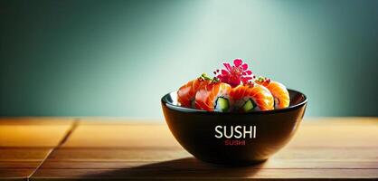 ai generiert Sushi Teller auf hölzern Oberfläche. Rollen ordentlich vereinbart worden, sortiert Sushi, dunkel Platte, hölzern Tisch. foto