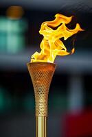 ai generiert olympisch Fackel schließen oben mit Flamme Flamme foto