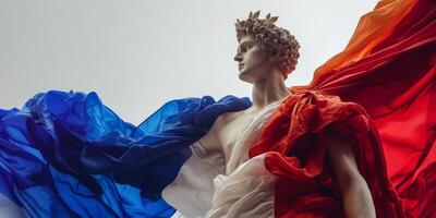 ai generiert Pariser Geist Skulptur mit Französisch Flagge Vorhänge und olympisch Wesen Kopieren Raum foto