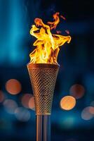 ai generiert olympisch Fackel Flamme auf Blau verwischen Paris Spiele foto