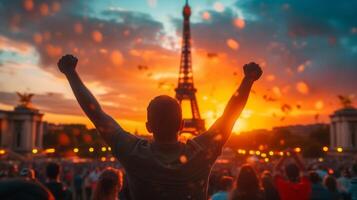 ai generiert siegreich Silhouette beim Sonnenuntergang, Paris Olympia foto