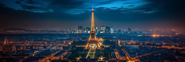 ai generiert Paris Horizont Panorama, Eiffel glühen und la Verteidigung foto