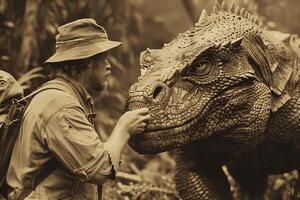 ai generiert Forscher konfrontiert Dinosaurier im Sepia Urwald foto