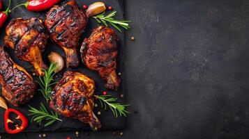 ai generiert gegrillt Grill Hähnchen Beine mit frisch Kräuter und Gewürze auf ein Schiefer Planke, oben Sicht, Konzept zum ein Sommer- Grill oder Familie Abendessen foto