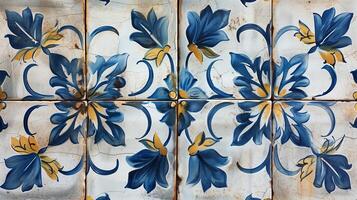 ai generiert traditionell Blau und Gelb Blumen- Muster auf Keramik Fliesen mit ein rustikal, verwittert Aussehen, Erfassen ein Mittelmeer oder Portugiesisch ästhetisch foto