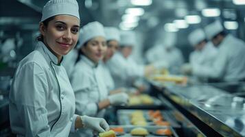 ai generiert Fachmann weiblich Koch mit Kollegen vorbereiten Essen im kommerziell Küche, konzentriert auf Gastfreundschaft und kulinarisch Kunst Konzept, vielfältig Mannschaft im Hintergrund foto
