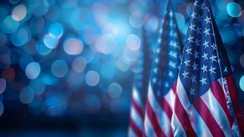 ai generiert Reihe von amerikanisch Flaggen gegen ein Bokeh Licht Hintergrund, symbolisieren patriotisch Ferien mögen Unabhängigkeit Tag oder Denkmal Tag, mit ein Fokus auf Feier und National Stolz foto