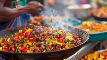 ai generiert schließen oben von beschwingt rühren gebraten Gemüse und Fleisch im ein groß Wok, mit Dampf steigend, beim ein geschäftig draussen Markt, Erfassen das Wesen von Straße Essen Küche foto