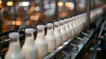 ai generiert Uniform Milch Flaschen auf ein Förderer Gürtel mit Kappen im ein Molkerei Fabrik, industriell Essen Produktion Linie Konzept mit warm Bokeh Hintergrund foto