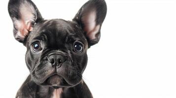 ai generiert schließen oben von ein neugierig schwarz Französisch Bulldogge Hündchen mit warnen Ohren und ein glänzend Mantel, isoliert auf ein Weiß Hintergrund, geeignet zum Haustier Pflege und Gesellschaft Konzepte foto