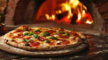 ai generiert authentisch Italienisch Peperoni Pizza mit frisch Basilikum auf ein hölzern Tabelle mit ein warm, rustikal Holz gefeuert Ofen im das Hintergrund, perfekt zum kulinarisch Konzepte und Restaurant Menüs foto