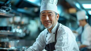 ai generiert Fachmann Mitte alt asiatisch Koch im ein kommerziell Küche mit ein zuversichtlich lächeln, tragen ein Weiß Köche Uniform und Hut, Darstellen kulinarisch Sachverstand und Gastfreundschaft foto