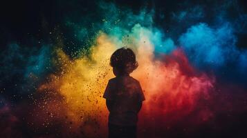 ai generiert Kind silhouettiert gegen ein beschwingt Hintergrund von bunt explosiv Pulver, symbolisieren Freude und Feier, möglicherweise verbunden zu holi Festival Konzepte ethnische Zugehörigkeit nicht erkennbar foto