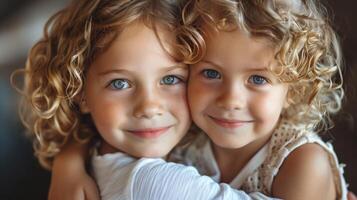 ai generiert zwei jung kaukasisch Mädchen mit lockig blond Haar und Blau Augen Umarmen und lächelnd beim das Kamera, abbilden Geschwister Liebe und Unschuld foto