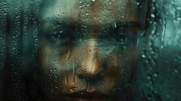 ai generiert kontemplativ Person Blick durch ein Regentropfen bedeckt Fenster, Erfassen ein Stimmung von Selbstbeobachtung oder Sehnsucht, geeignet zum Konzepte von Einsamkeit oder Betrachtung foto